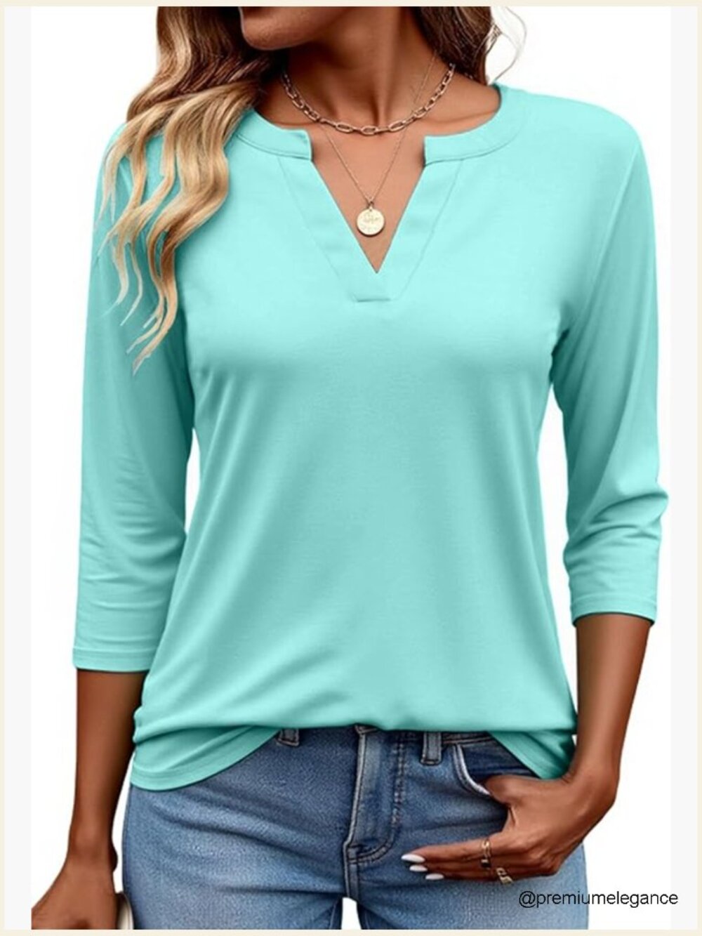 Women's V Neck 3/4 Sleeve Henley Blouse Flowy Work Tunic Top